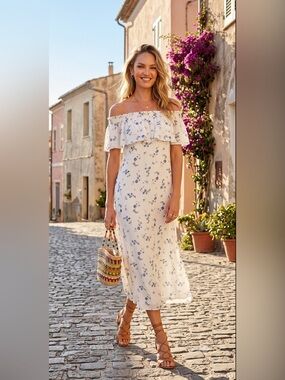 REBECCA TAYLOR White Silk Off-Shoulder Ruffle Midi Dress Floral Print Sz XS US 2